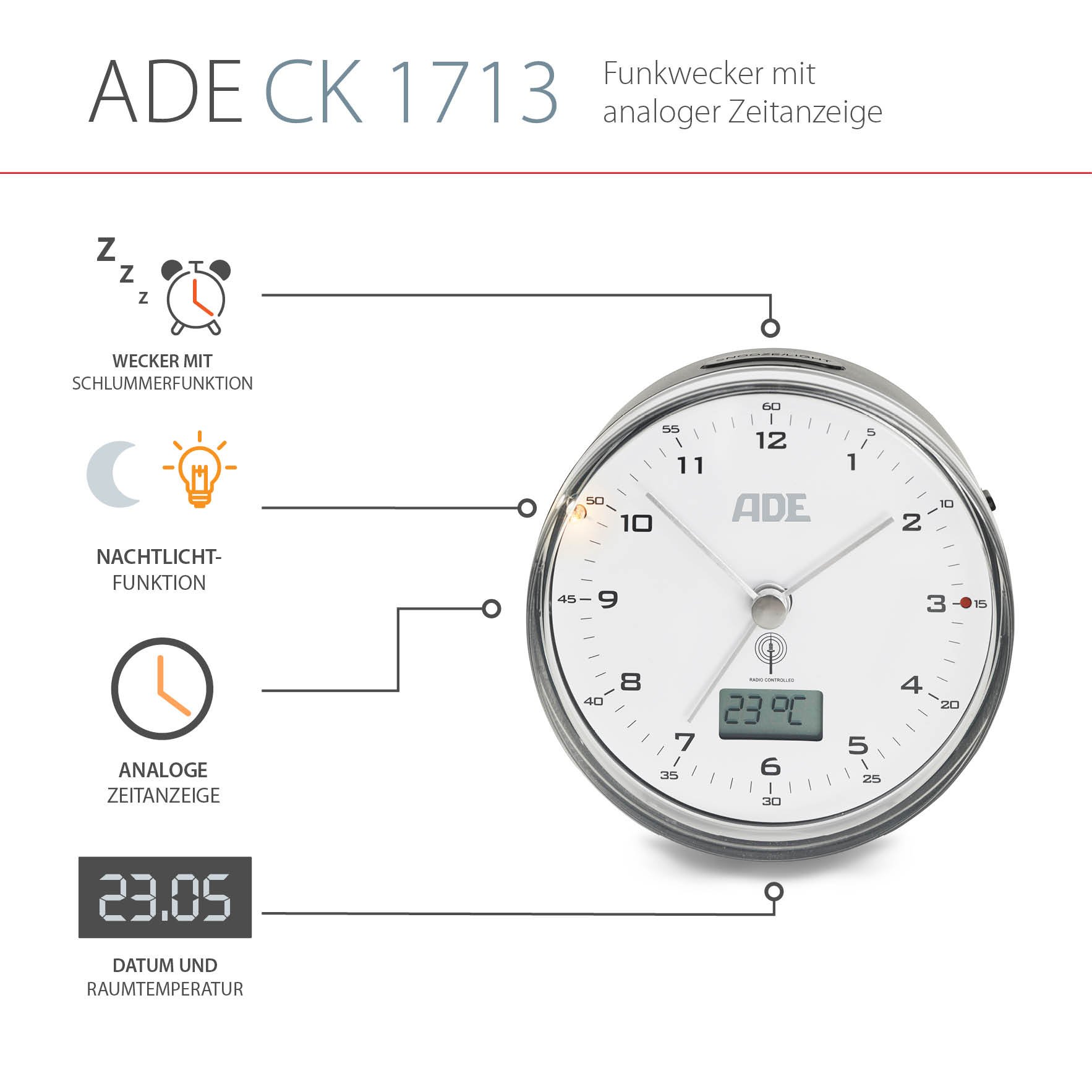 ADE CK1713 Radio Controlled Analogue Alarm Clock Plastic Clock and Thermometer – Black/White, 3.4 x 8.2 x 8.2 cm
