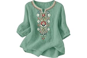 Women's Cotton Linen 3/4 Sleeve Shirts Embroidery V-Neck Relaxed Fit Blouses Ethnic Style Gauze Boho Tops