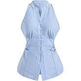 winkbay Women's Striped Ruched Blouse Button Down Notch V Neck Sleeveless Shirts