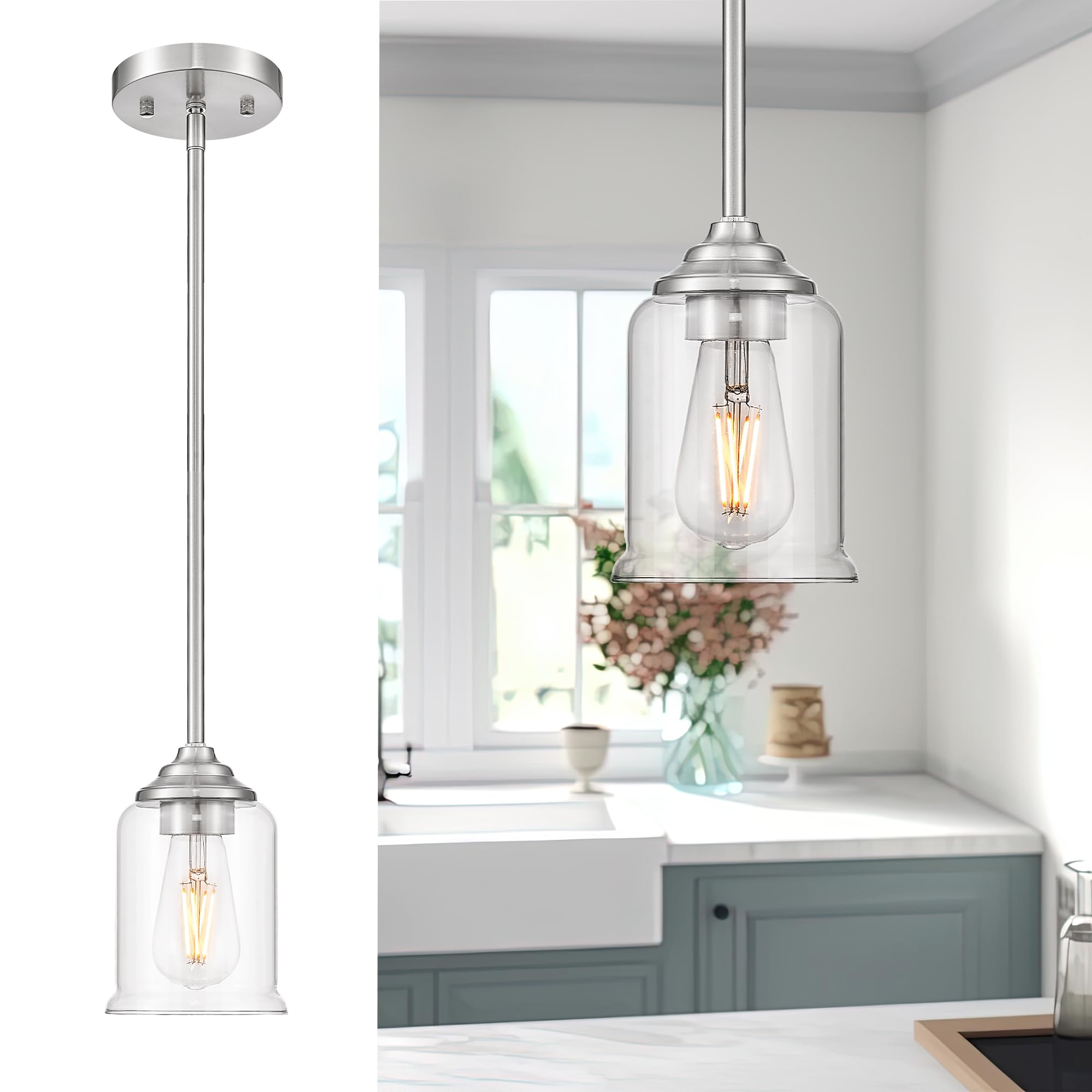 Photo 1 of zeyu Modern Pendant Lighting, 1-Light Kitchen Hanging Light Fixture for Dining Room Entryway, Brushed Nickel Finish with Clear Glass Shade, ZSL104MIL BN
