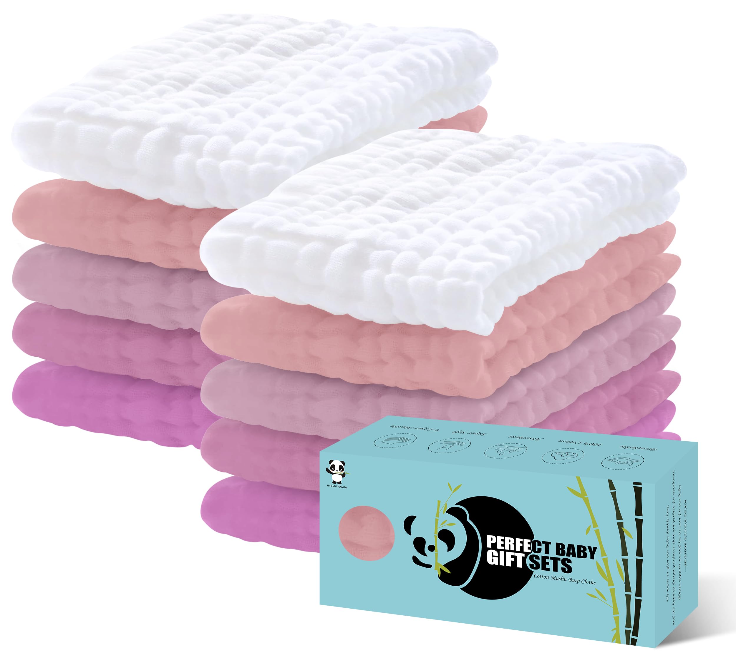 Photo 1 of HIPHOP PANDA 10 Pack 6-Layers Muslin Burp Cloths Large - Durable 100% Cotton - Extra Absorbent and Soft Boys & Girls Rags for Newborn Registry (White+Sakura Series, 20" X10")