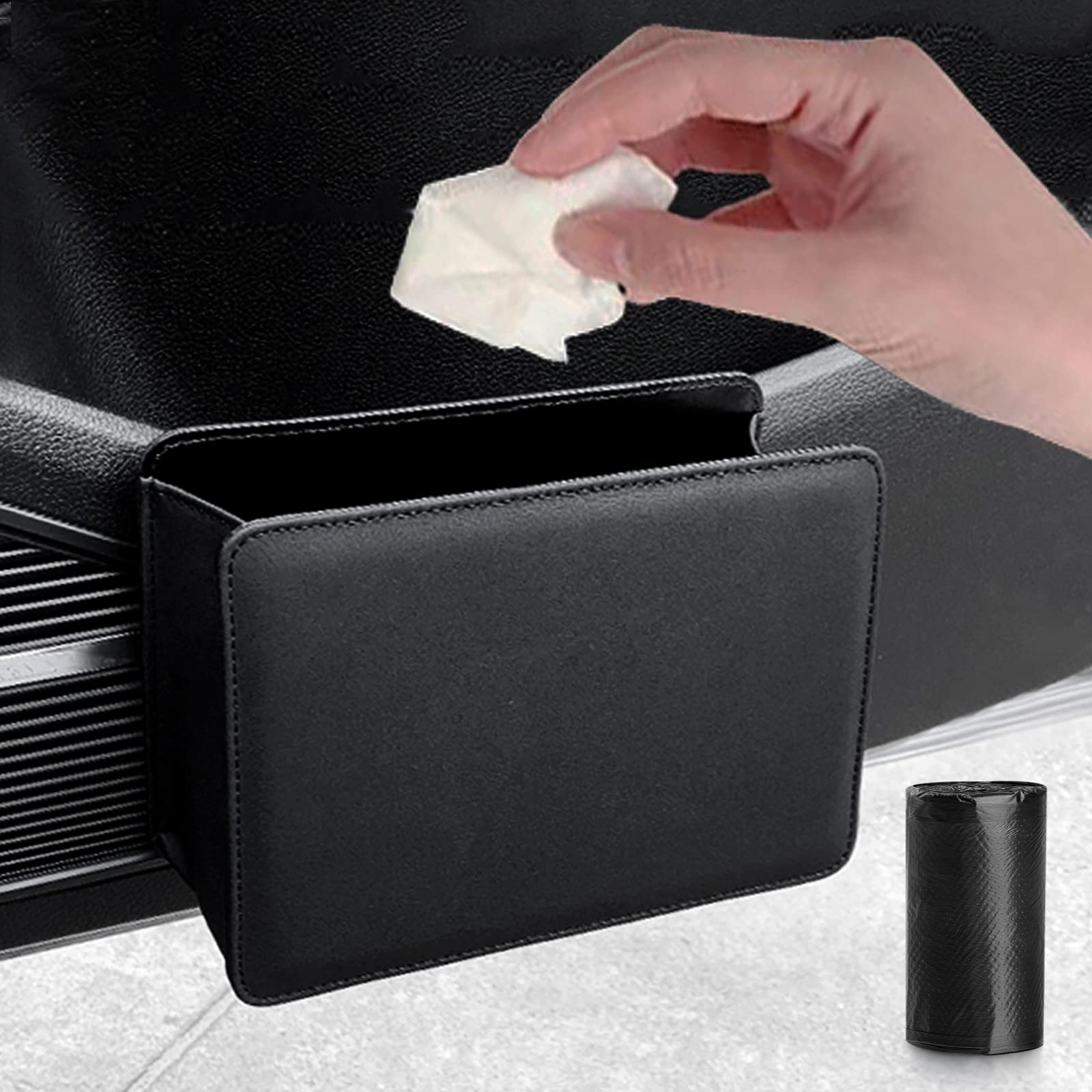 Photo 1 of Accmor Car Trash Can, Leather Vehicle Trash Bin Car Dustbin Garbage Organizer Holder with 30 Pcs Trash Bags, Foldable Hanging Mini Cars Storage Bag Container for Auto, SUV (Black)