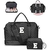 Vogewood Initial Duffle Bag with Shoe Compartment, Personalized Weekender Bag with Shoulder Strap, Overnight Bag for Women with Trolley Sleeve & Wet Pocket, Travel Bag with Makeup Bag (Letter E)