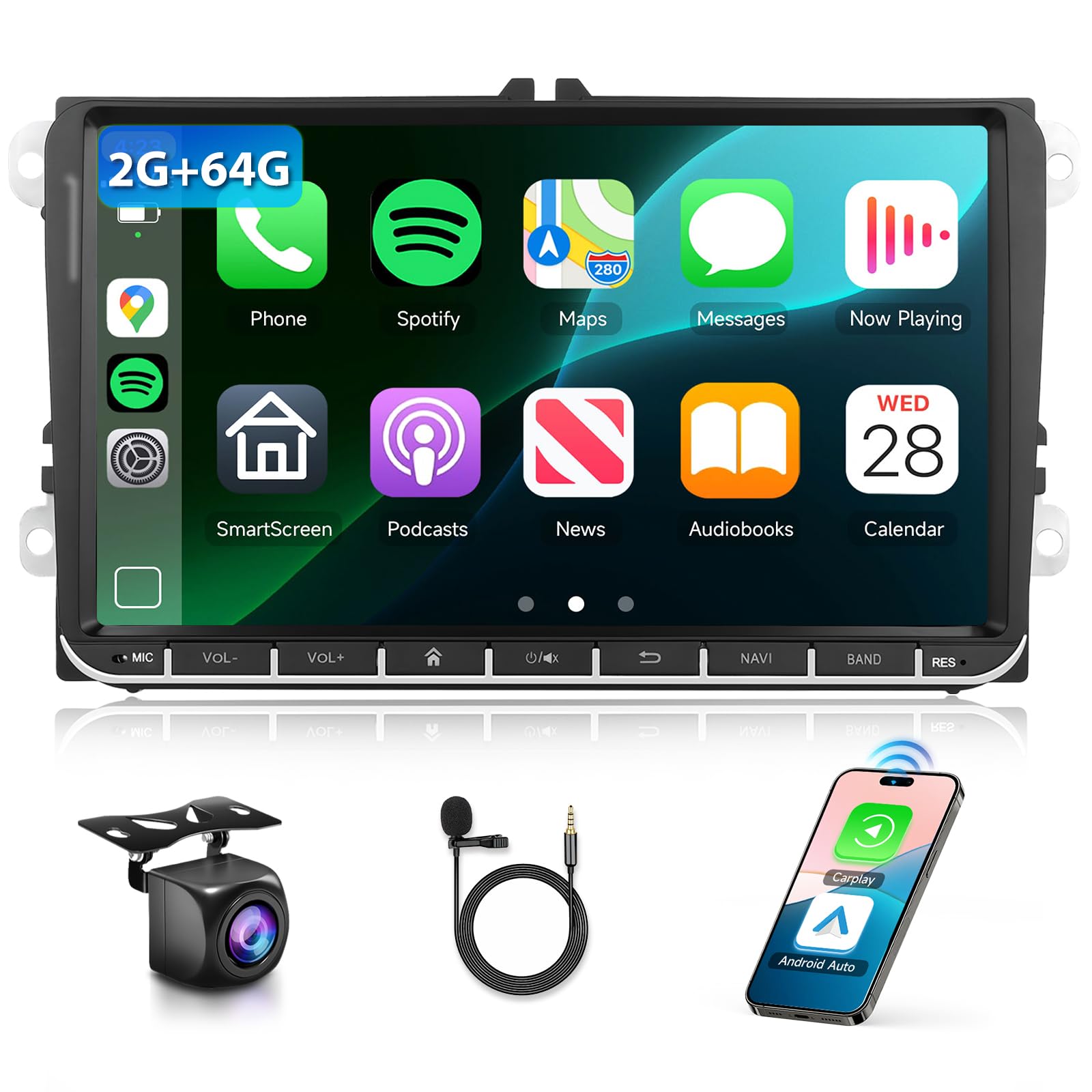 Podofo 2G+64G for VW Passat Tiguan Golf Jetta T5 EOS Polo Skoda Car Stereo with Wireless Carplay Android Auto, 9" Touch Screen Bluetooth Car Radio Support Navigation WiFi FM SWC+Backup Camera
