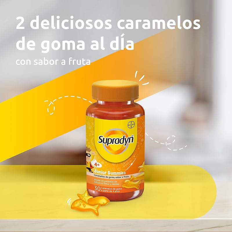 Multivitaminas para crianças, supradyn junior gummies 30 gummies, suprimento para 1/2 mês, vitaminas para crianças de 4 anos ou mais, vitamina c, vitamina b, ômega 3, sem glúten