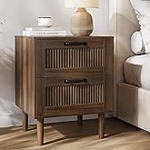 Smart FENDEE Fluted Nightstand with 2 Drawers, Bedside Table with Solid Wood Legs, Mid-Century Modern End Table for Bedroom, Home Office, Walnut