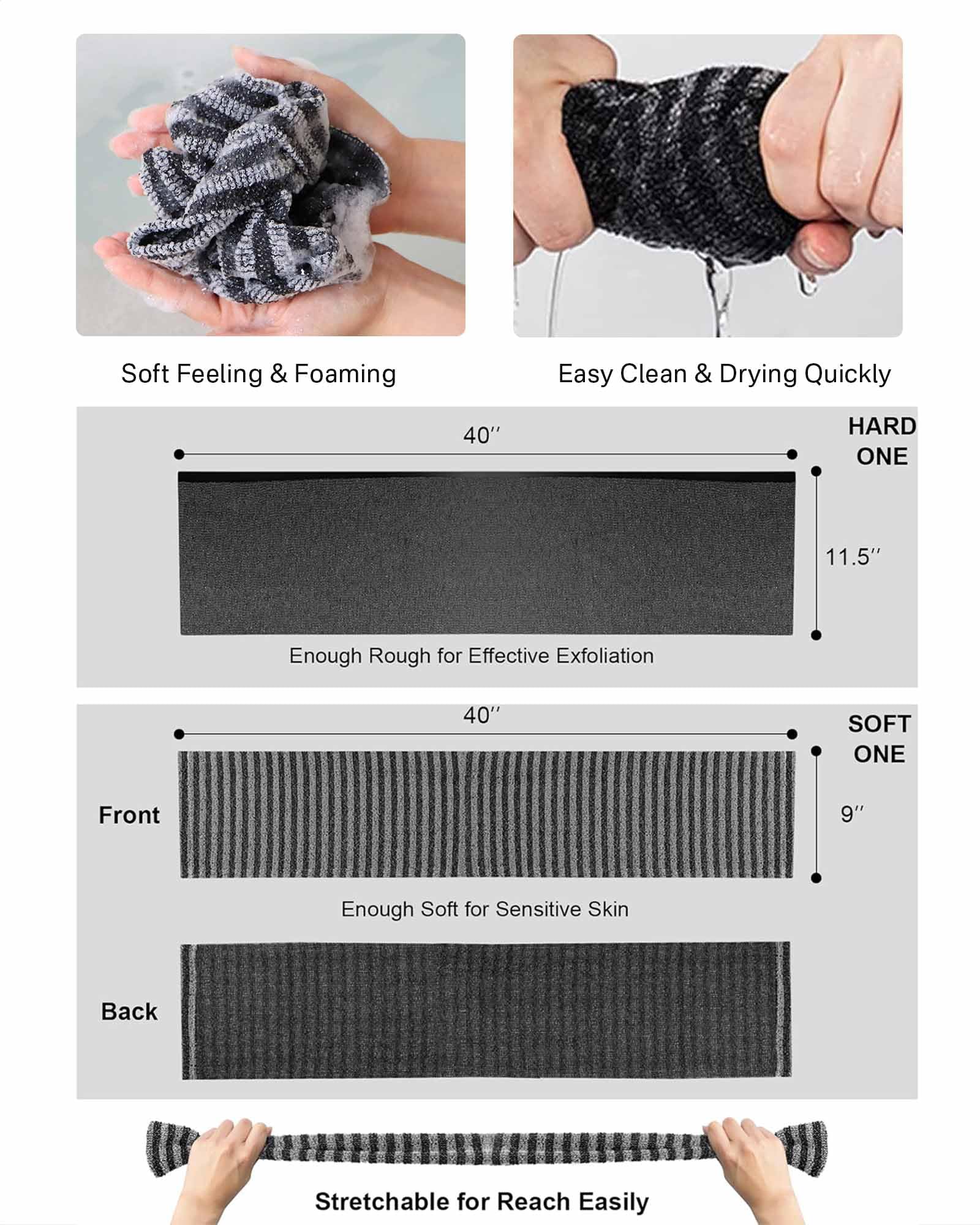 Yiclick 2 Pack Exfoliating Washcloth Towel - Body Scrubber Exfoliator, Loofah Sponge, Korean & Japanse & African Net Sponge Rag - Back Scrubber Washer for Use in Shower Bath