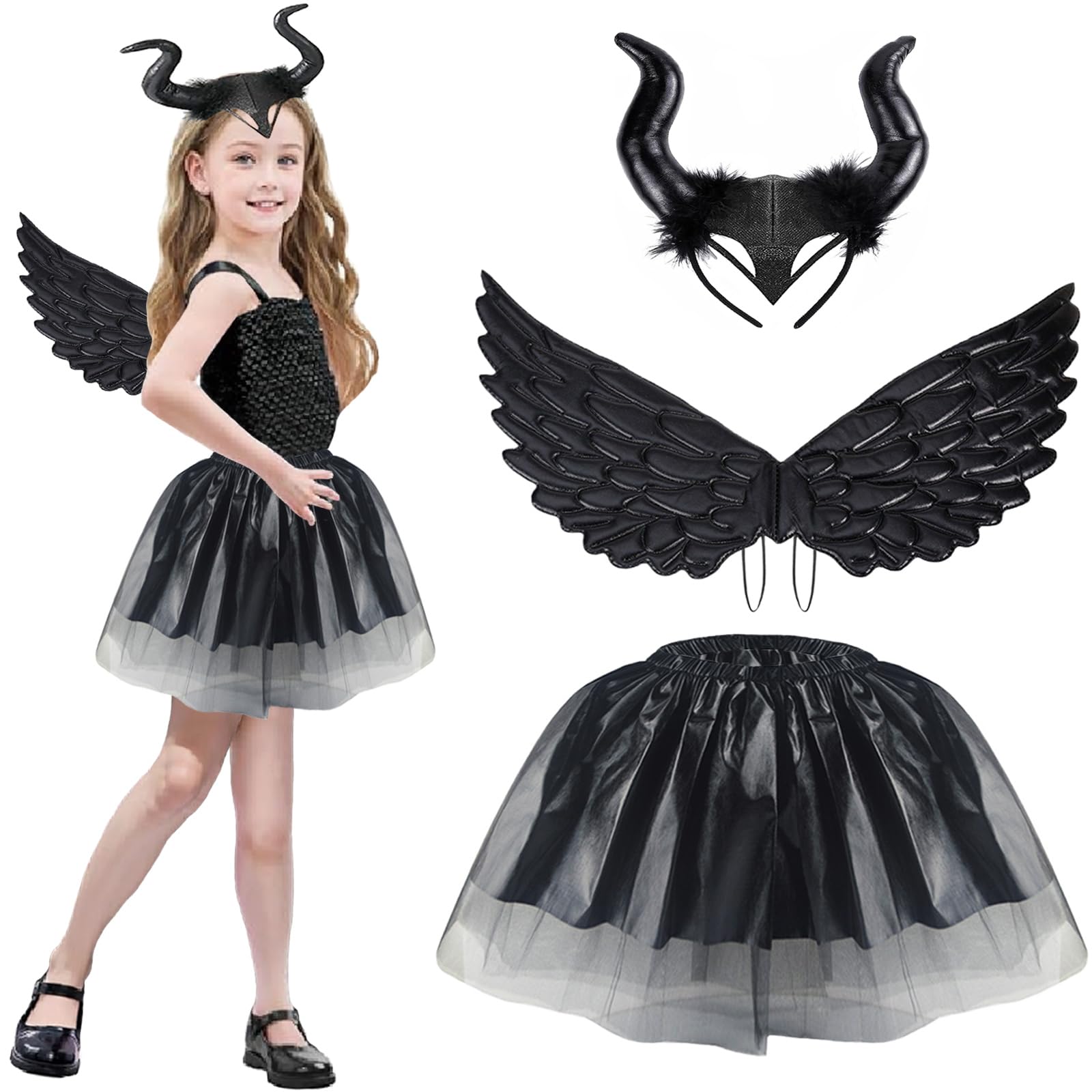 GugnRyAc 3 Pcs Maleficent Costume for Girls, Witch Devil Dress Up Outfit with Horn, Wings, Tutu Skirt for 3-10y Kids Carnival Cosplay Halloween Costume