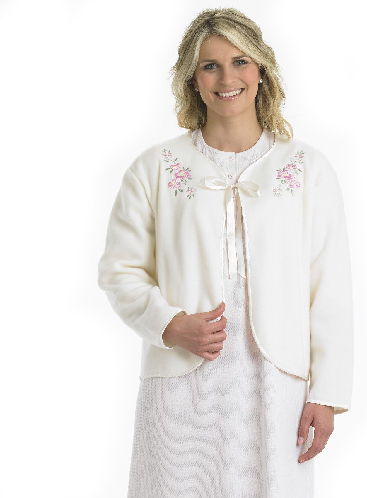 Slenderella Ladies Soft Polar Fleece Ribbon Tie Bed Jacket Floral Embroidered Detail House Coat