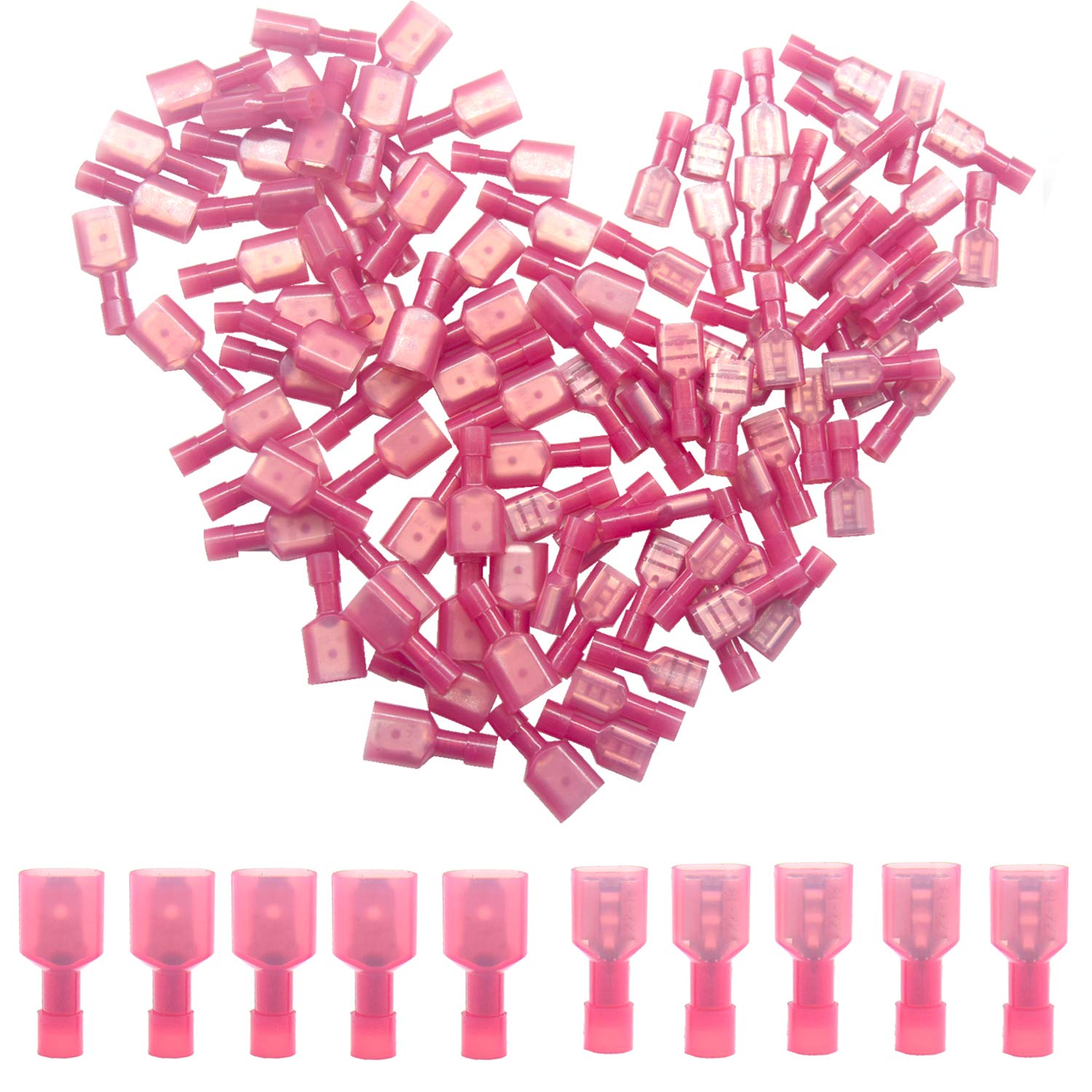 Yosawo 100-Pieces Nylon Fully Insulated Male/Female Spade Wire Crimp Connectors,Quick Disconnects Wire Terminals Connector Assortment Kit AWG 22-16 Red (NLGMH)