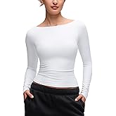 CRZ YOGA Softembrace Boat Neck Long Sleeve Shirts for Women - Casual Going Out Tops Soft Stretchy Fitted Fall T-Shirts
