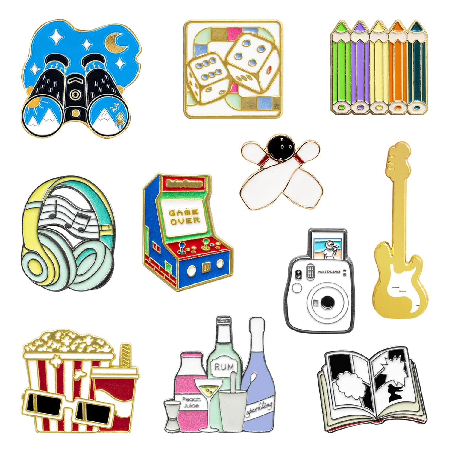 Mayplous Enamel Pin Set - 11 Pieces Metal Brooch Badges for Jackets, Bags & DIY Crafts | Fashion Accessories for Women & Teens (Entertainment)