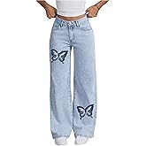 WDIRARA Women's Butterfly Print Low Waist Straight Leg Baggy Jeans Wide Leg Flap Pocket Denim Jeans