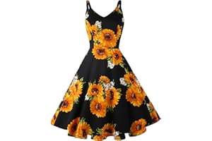 GOOBGS Women's 1950s Retro Vintage Spaghetti Strap Cocktail Swing Dresses with Pockets