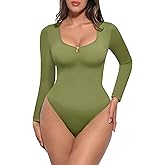 FeelinGirl Tummy Control Shapewear for Women - Long Sleeve Body Shaper Seamless Thong Bodysuit Round Neck Body Suits
