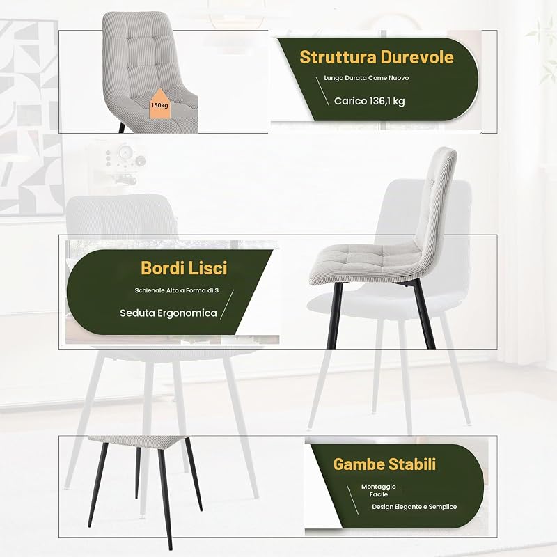 Set di 4 Sedie da Pranzo con Seduta Imbottita in Velluto a Coste, Sedie da Cucina Moderne con Gambe in Metallo, Grigio — foto 5 di 7