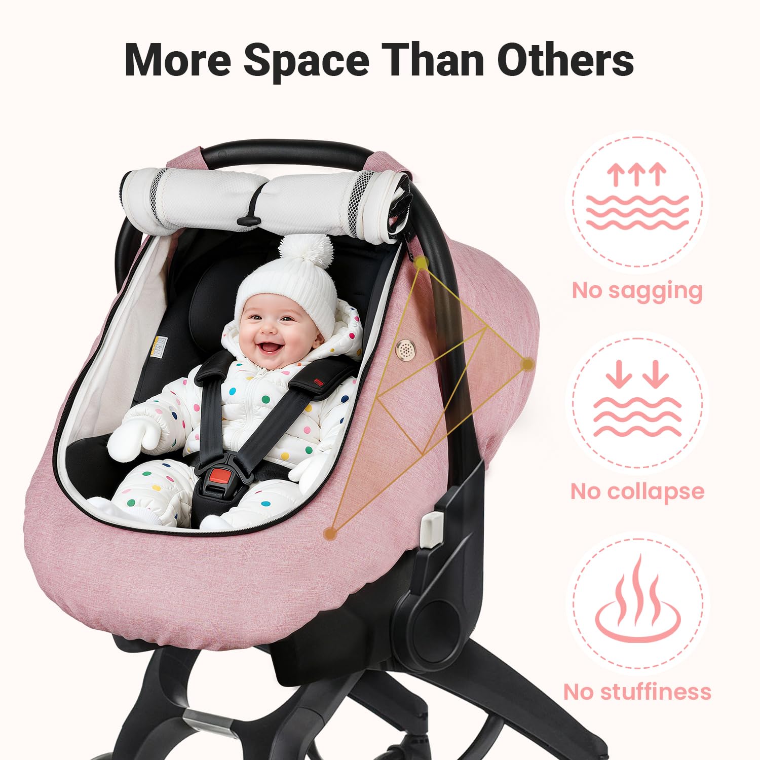 Rquite Car Seat Cover Baby, Winter Carseat Covers Boy Girl, Waterproof Infant Car Seat Cover Warm Car Seat Canopy for Cold Weather, Windproof Baby Carrier/Stroller Cover with 2 Layers Windows, Pink