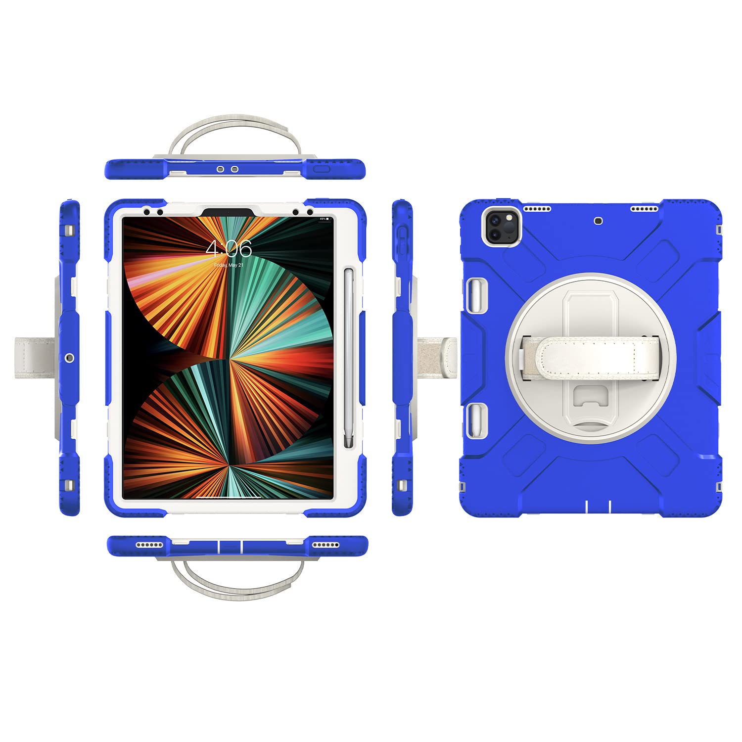 iPad 10.2 2019/2020/2021 Generation Case with Screen Protector Pencil Holder Kickstand Hand Strap 360 Rotating Hand Strap Stand Durable Protective Case (Blue)