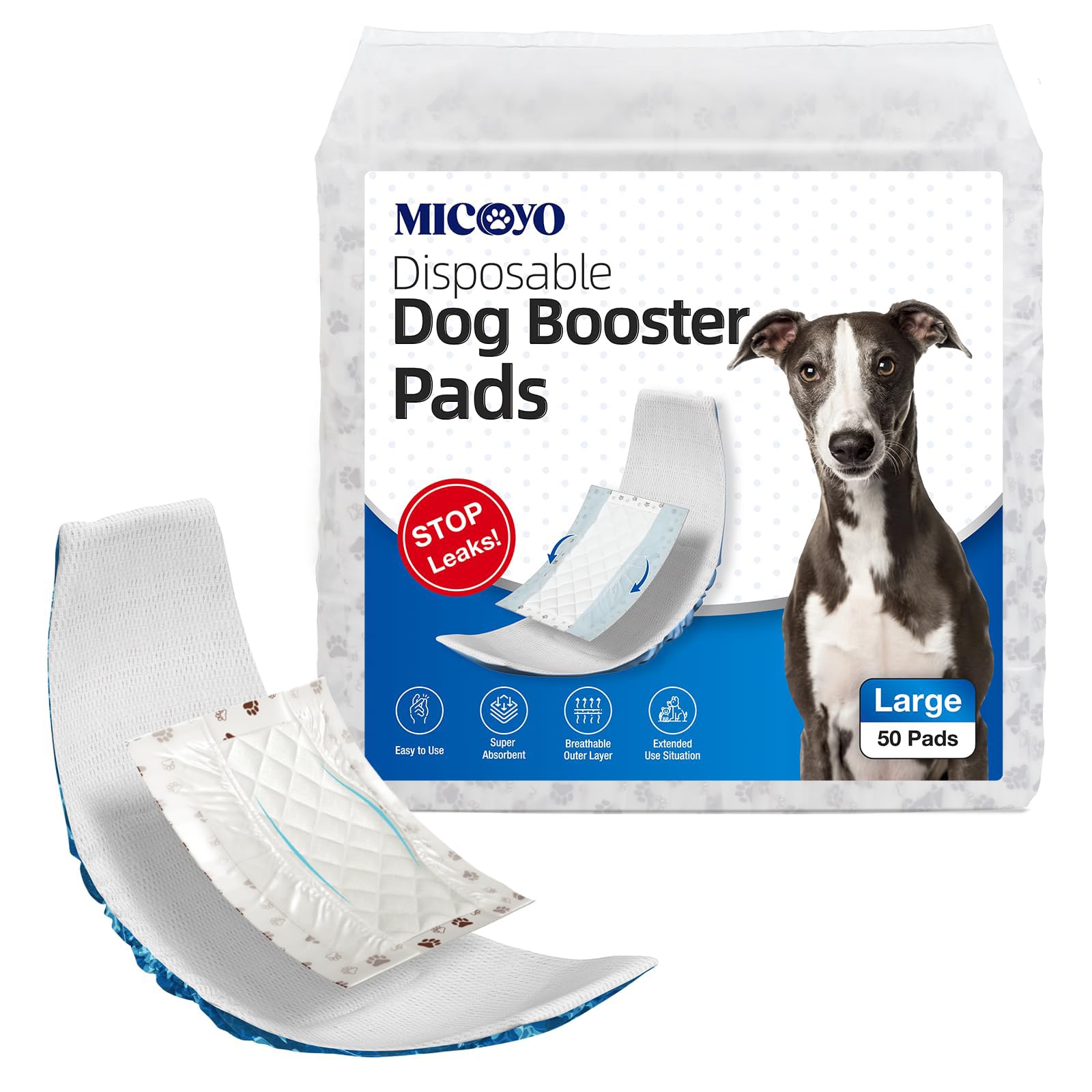 MICOOYO Disposable Dog Diaper Liners, Dog Booster Pads for Male Female Dogs, Super Absorbent Period Dog Inserts Pads for Nappies Pants(Dual Side Leakproof)(L-50)