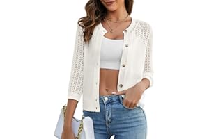 Genhoo 2024 Women's 3/4 Sleeve Cropped Cardigan Summer Lightweight Button Down Sweater Crochet Knit Bolero Shrugs