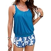 DaiLiWei Blouson Tankini Swimsuits for Women Two Piece Tummy Control Bathing Suit Full Coverage Modest Swim Suits with Shorts