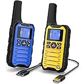 Wishouse K15 Walkie Talkies Long Range for Adults, Rechargeable Two-Way Radios 2 Pack, 2W FRS, 22 Channels, USB-C, Flashlight, NOAA/SOS, Quick Pair, for Camping & Hunting, Emergency Use, Blue Yellow