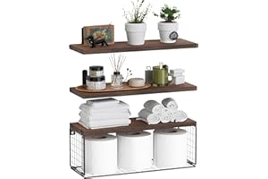 WOPITUES Bathroom Shelf Over Toilet, Floating Bathroom Shelf Wall Mounted with Wire Basket, Floating Shelf for Wall Décor-Rustic Brown