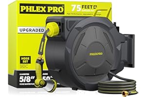 PHLEX PRO Retractable Garden Hose Reel 5/8 in x 75 ft Heavy Duty Automatic Water Hose Reel Wall Mounted with 10 Pattern Nozzle,Any Length Lock, Slow Return System, 180°Swivel Bracket