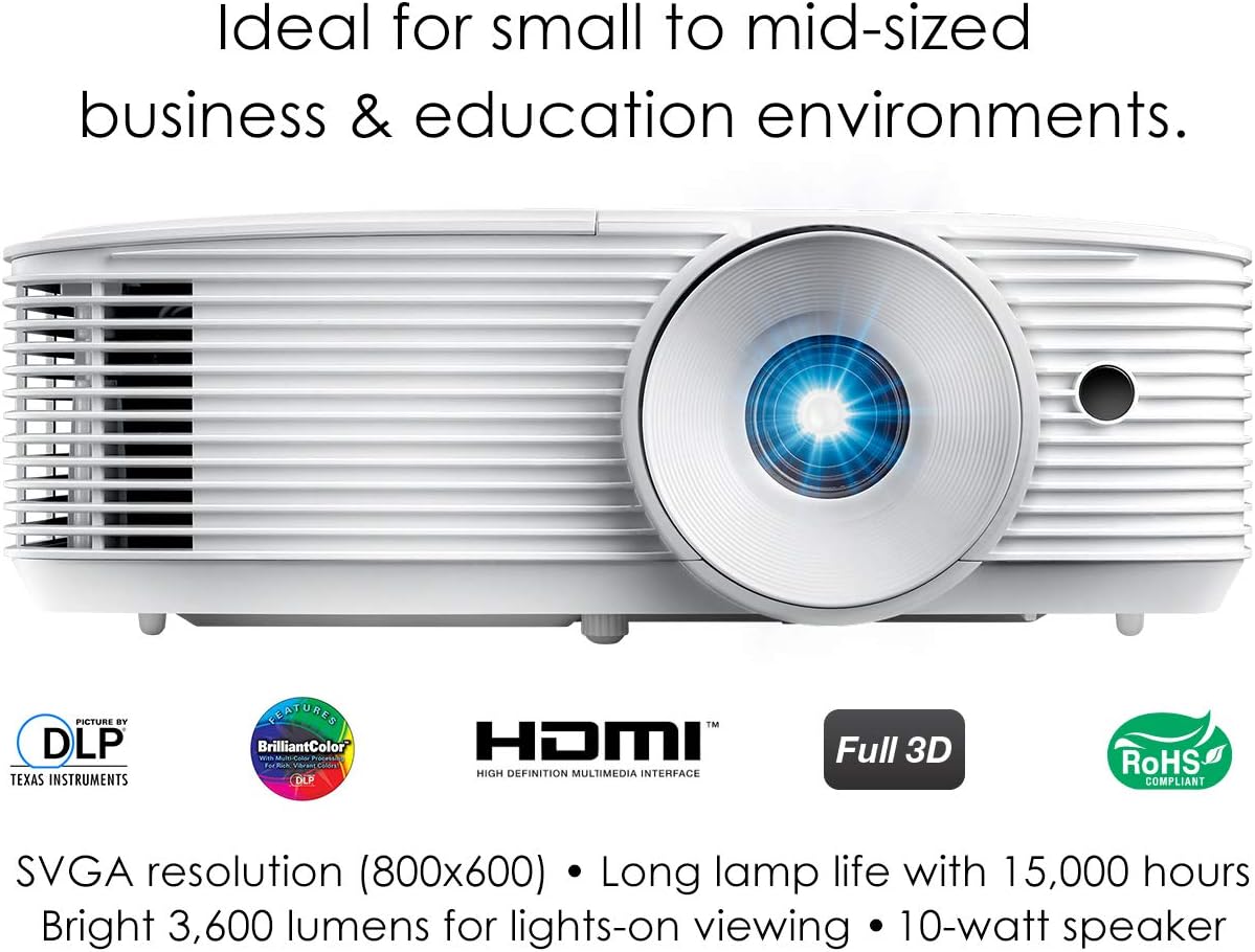 Optoma S343 SVGA DLP Professional Projector | Bright 3600 Lumens | Business Presentations, Classrooms, or Home | 15,000 Hour lamp Life | Speaker Built ...