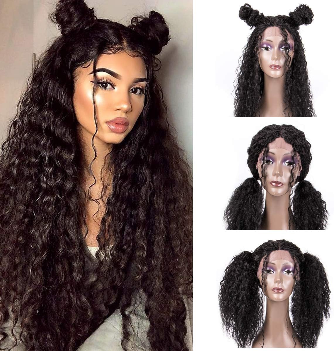 Creamily Loose Curly Lace Front Wigs Women Synthetic Kinky Curly Long Hair #1B Black Middle Part Heat Resistant Fiber Wig 24 Inch