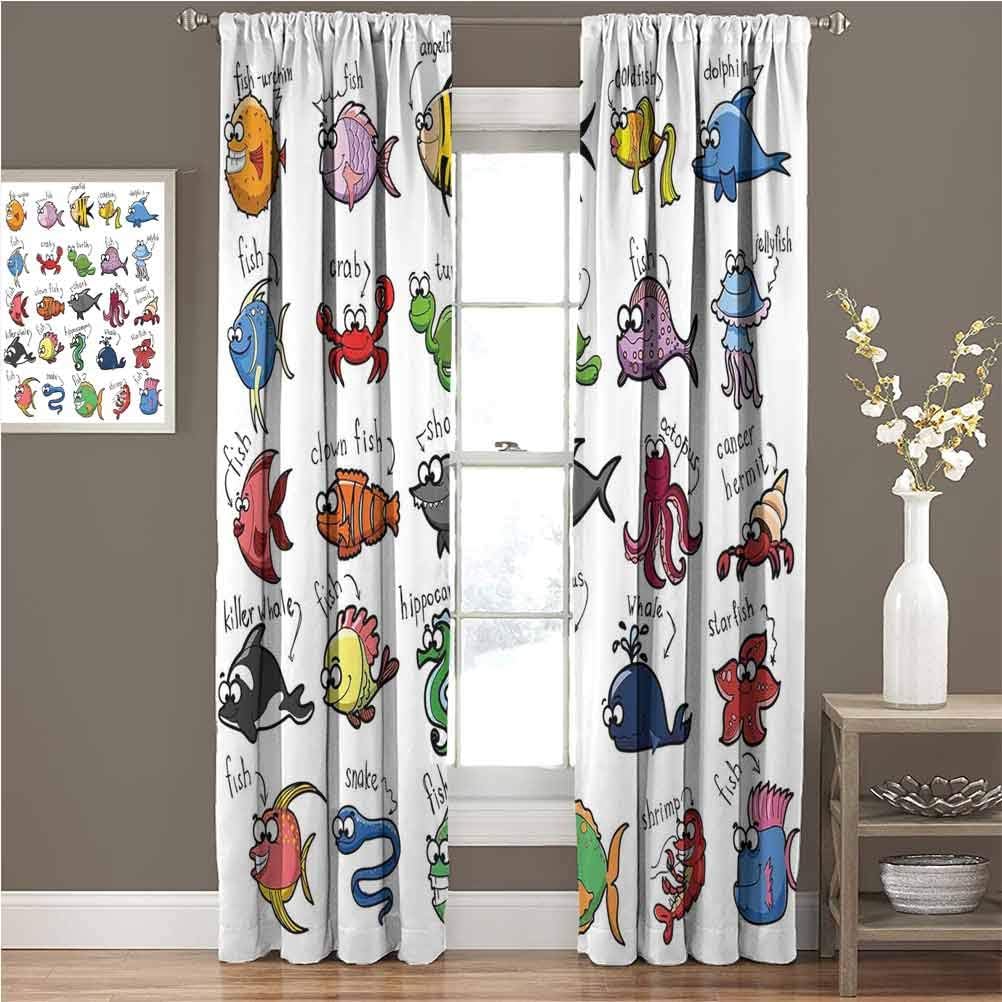 Nautical Decor for Kids Curtains and rods Set Aquarium Cartoon Octopus Dolphin Shark Whale Clown Fish Jellyfish Crab Marine Secretive W108 x L84