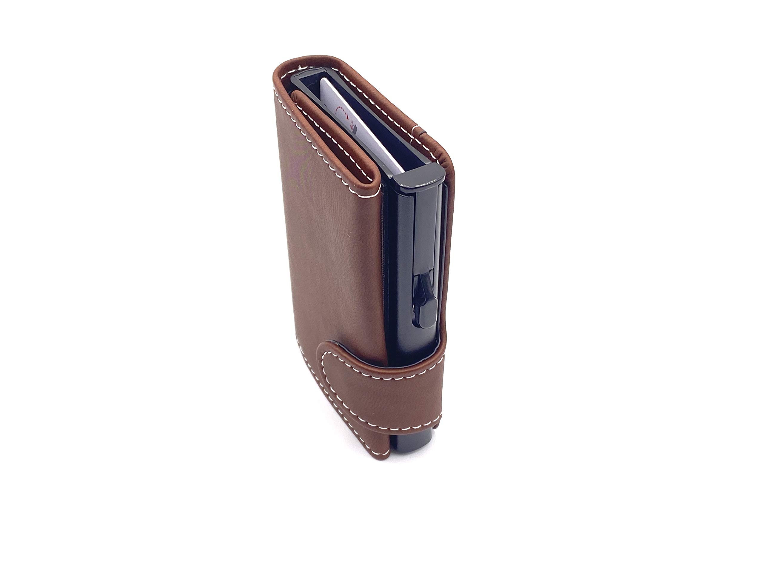 RF Distribution Credit Card Holder in Dark Brown Leather with White Stitching