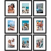 Vittanly 8x10 Picture Frames Set of 9, Shatter Resistant Plexiglass, Display 5x7 Pictures with Mat or 8x10 without Mat, Photo Frames for Wall or Tabletop, Engineered Wood, Black