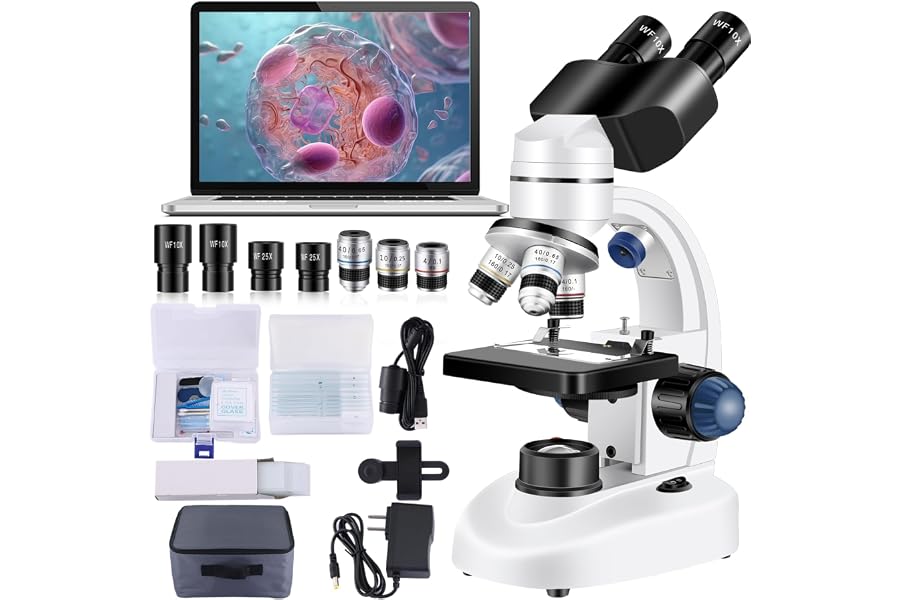 Woehrsh Microscope for Adults WF10x and WF25x eyepieces, 40X-2000X Magnification USB Camera, Microscope for Adults Suitable for Laboratory School Home Education(White Microscope)