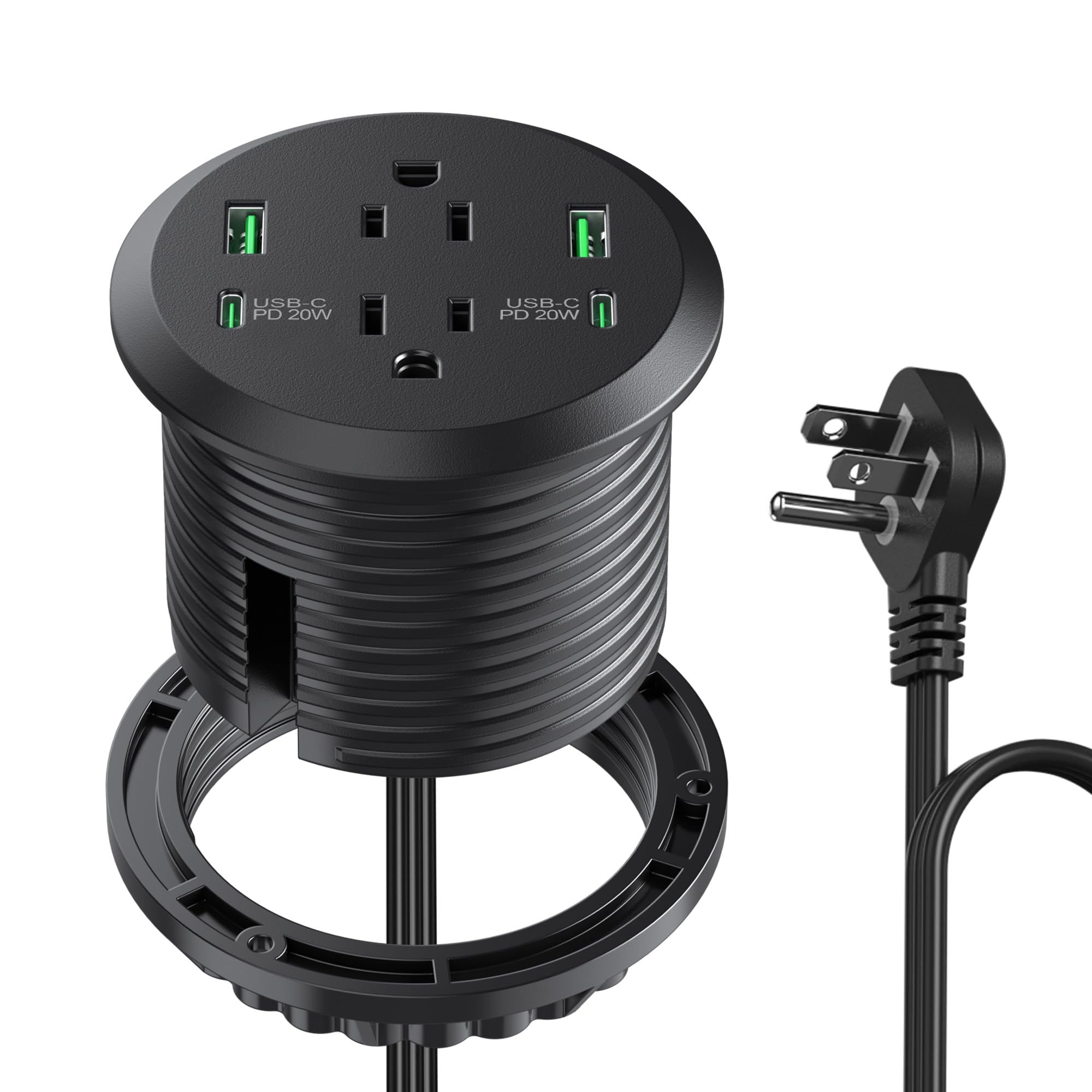 Photo 1 of 3 inch Desktop Power Grommet with PD 20W USB C,Furniture Recessed Power Strip,2 Outlets,4 USB Ports,40W Total,Flush-Mount for Desktop, Workspace Essential Desk Outlet (Black, 6 FT Cable)