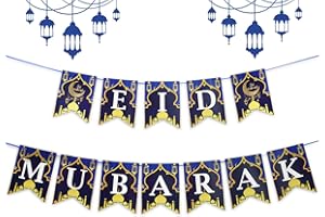 PEDENTY Eid Mubarak Paper Banner Decorations - Happy Eid Party Decorations Hanging Bunting Banner Garland Party Decorations, Ramadan Sign Backdrop for Home Wall Indoor Outdoor