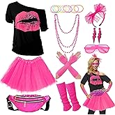 RonFoxi Upgraded 80s Outfit Costume for Women,80s Party Costume Accessory Sets with T-Shirt Tutu Skirt Waist Pack etc