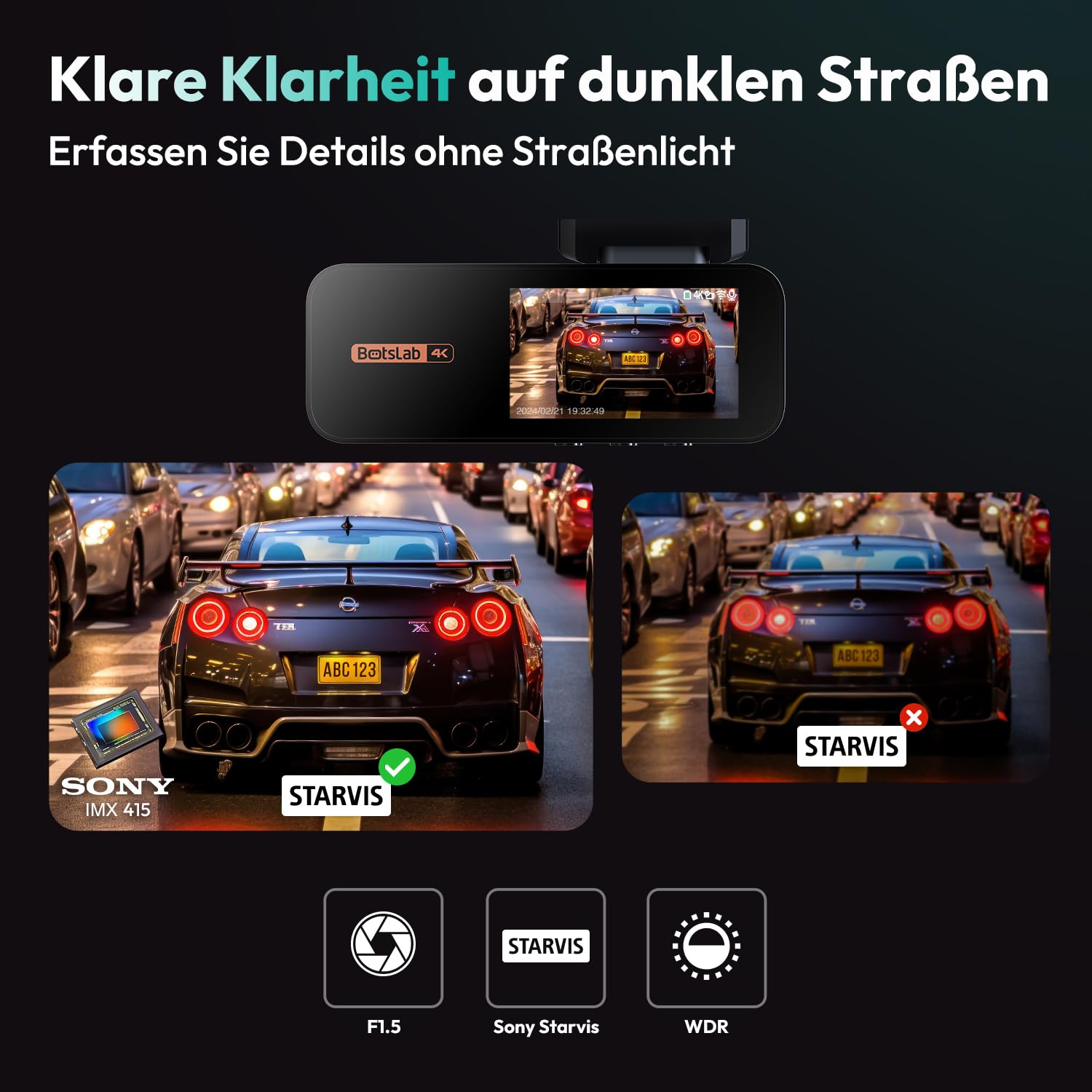 BOTSLAB Dashcam Auto Vorne Hinten, 4K Dashcam Auto GPS mit WiFi, Dual Autokamera mit 64GB SD Karte, ADAS, Nachtsicht, 170°Weitwinkel, WDR, 2,45" IPS, 24/7 Parküberwachung, Loop-Aufnahme 6