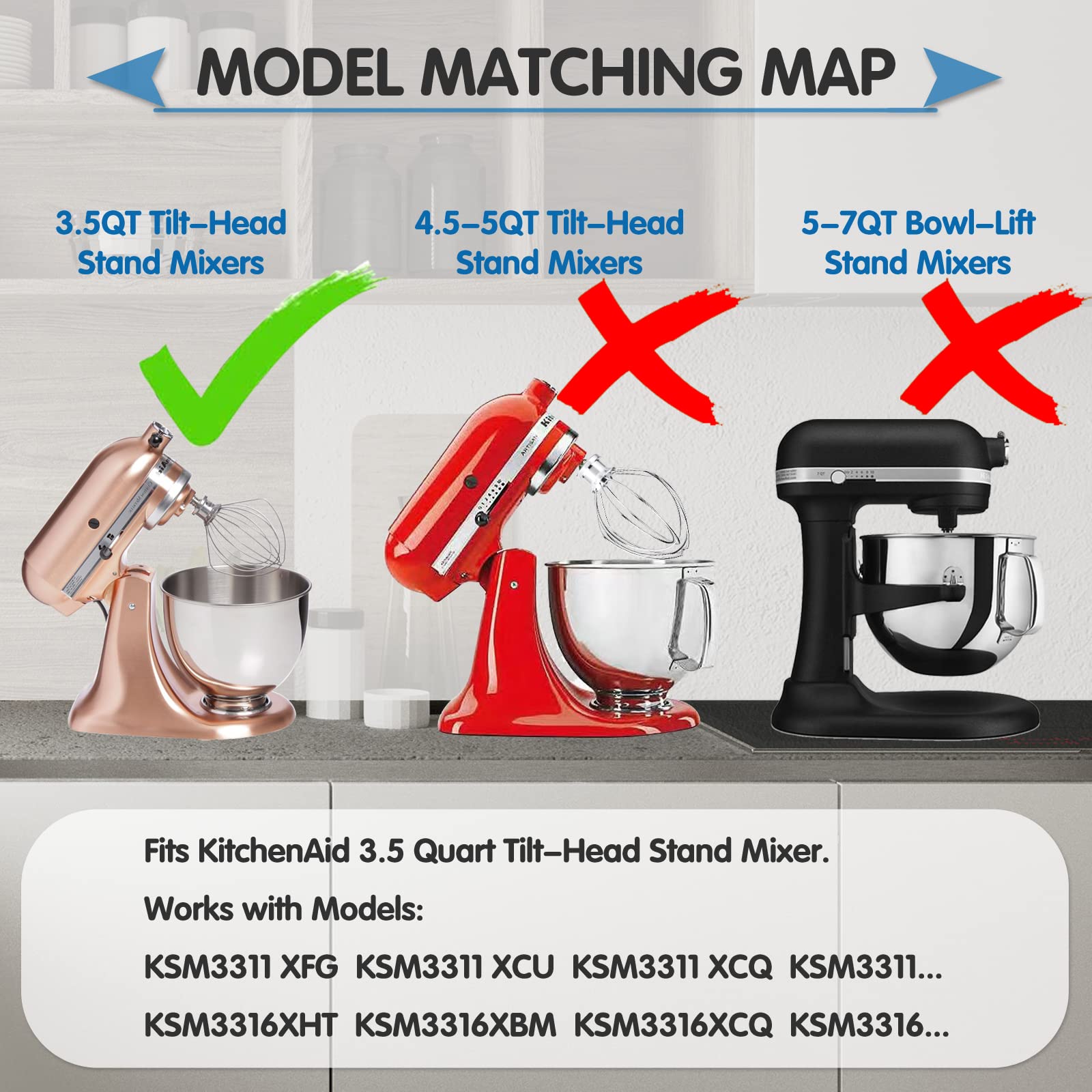 Stainless Steel 6-Wire Whip Attachment for KitchenAid 3.5 Quart Tilt-Head Stand Mixer KSM3311 and KSM3316, Heavy Duty, Dishwasher Safe, 3.5-Qt Whisk Attachment Mixer Accessories