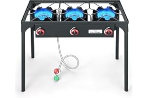 COOKAMP High Pressure Triple Propane Burner Outdoor Propane Camping Stove with 0-20 PSI Adjustable High Pressuer Regulator and Steel Braided Hose 3 Burner Stove Brewing Supply SA3500