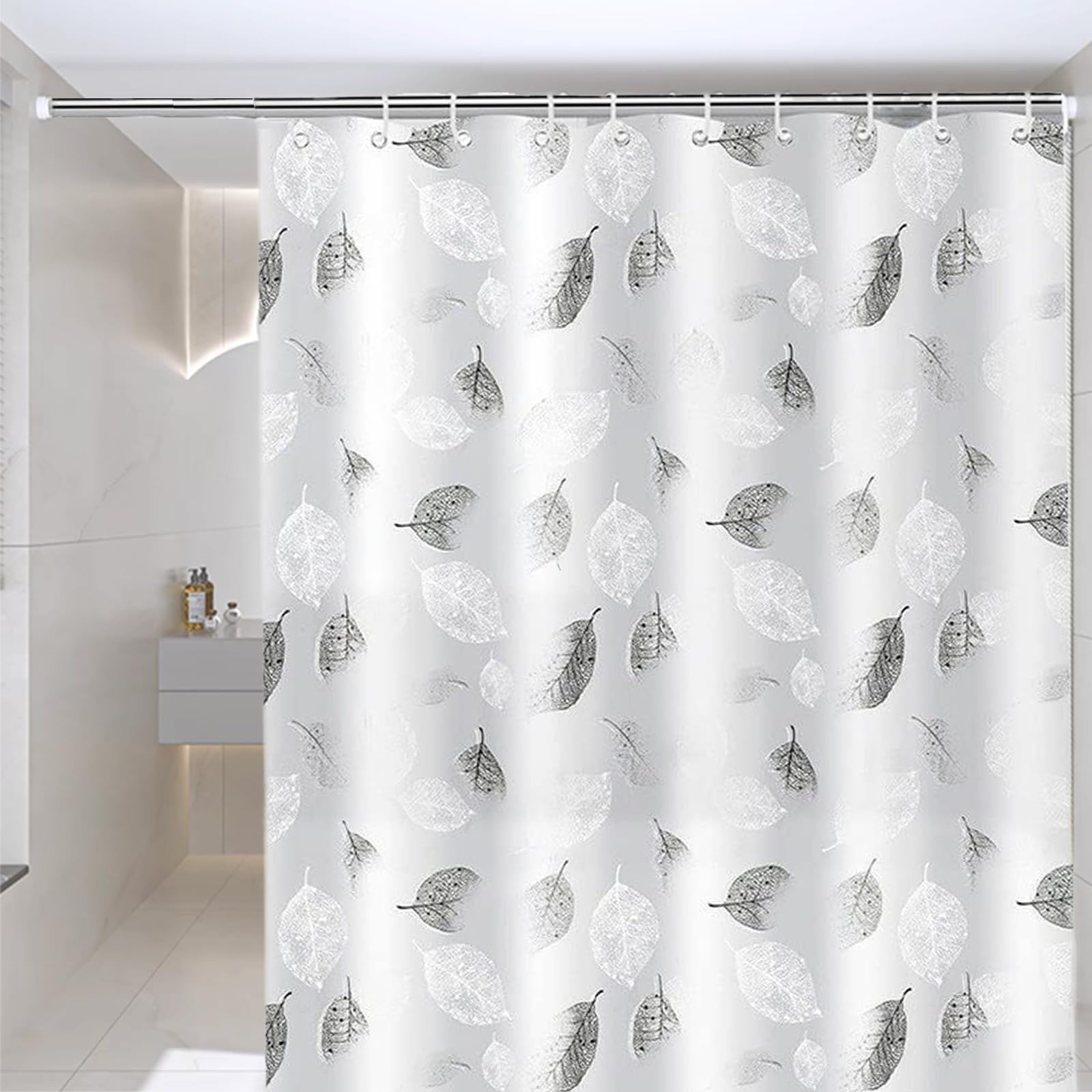 CHENYUOUYANG Shower Curtain,Mould Proof Resistant, Quick-Drying Washable Bathroom Curtain,Shower Curtains180 x 180 cmBathroom Shower Curtain with 12 Hooks,Black And White Leaves