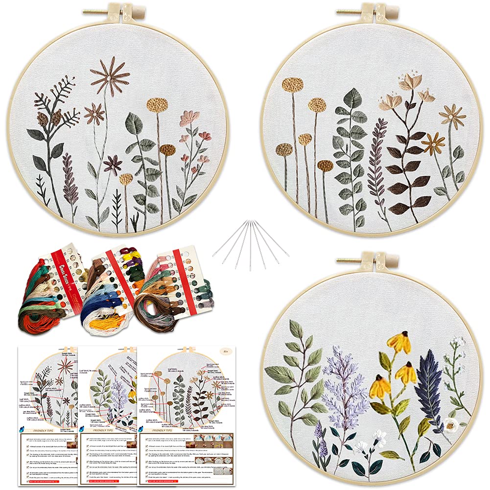 TOHHOT 3pcs Flower Embroidery Kits for Beginners,Include Embroidery Clothes with Pattern,3pcs Embroidery Hoops and Instructions, Scissors,Cross Stitch Set for Adults DIY Decor Living Room