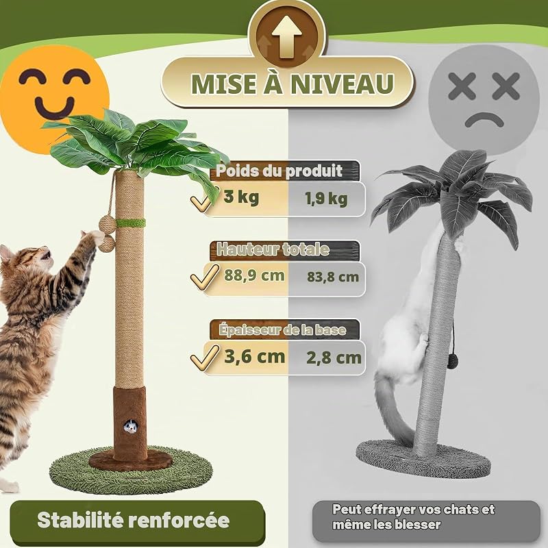 Poteau à griffer pour chat de 89 cm avec trou de rat et corde en sisal pour chat adulte et chaton, vert
