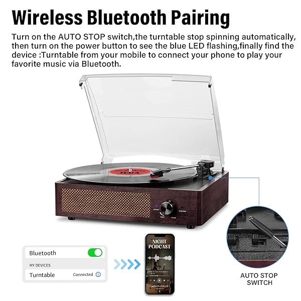 VINYL RECORD PLAYER TURNTABLE WITH BUILT-IN BLUETOOTH RECEIVER & 2 STEREO SPEAKERS, 3 SPEED 3 SIZE PORTABLE RETRO RECORD PLAYER FOR ENTERTAINMENT AND HOME DECORATION