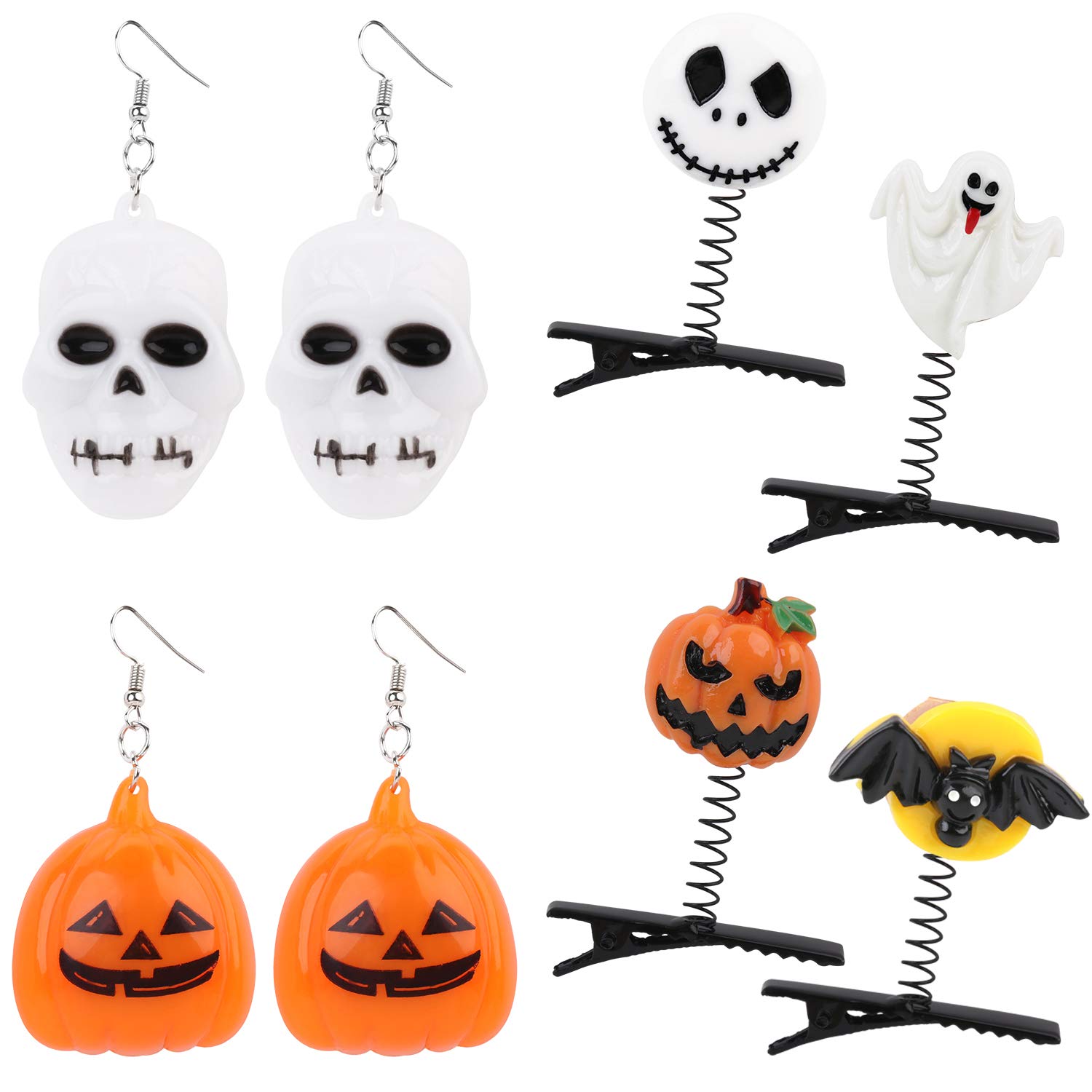LED Light Up Earrings Hair Clips,Aniwon2 Pairs Glowing Halloween Flashing Skull Pumpkin Ear Drop Pendant With 4pcs Bright Stylish Fashion Hair Barrettes Pumpkin Bat Ghost mummy Hairpins for Halloween