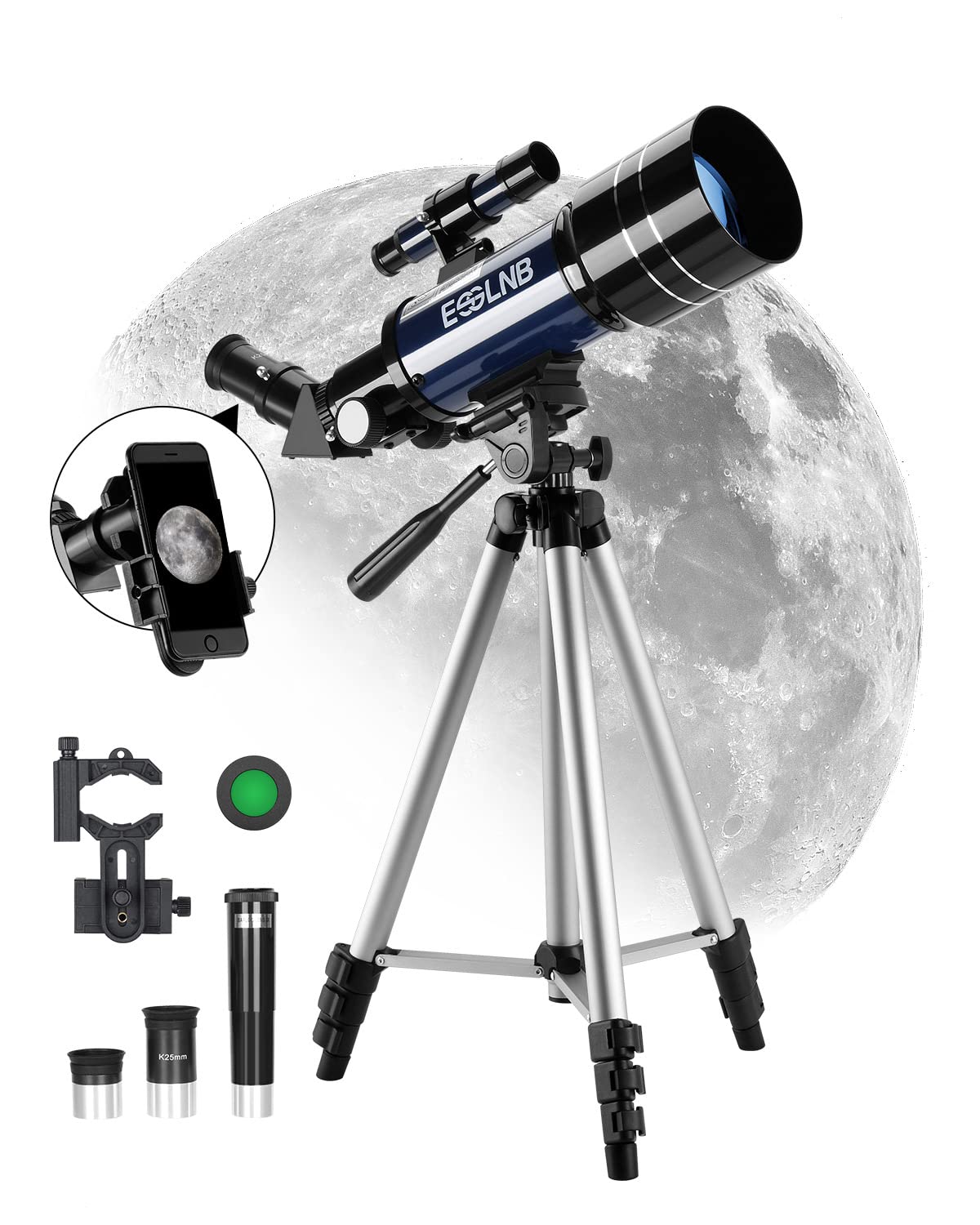 ESSLNB Telescope 36070 Astronomy Telescope with Adjustable Tripod and Phone Adapter 70mm Telescope for Kids Fully Coated Lens 3X Barlow Lens Moon Filter