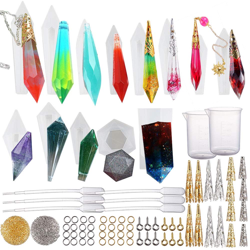 SUNNYCLUE Pendulum Crystal Point Silicone Necklace Mould Kit Jewellery Casting Molds Tools Set Include 13pcs Resin Pendant Moulds & 16pcs Bead Cap & 100pcs Jump Rings & 100pcs Screw Eye Pin & Chain