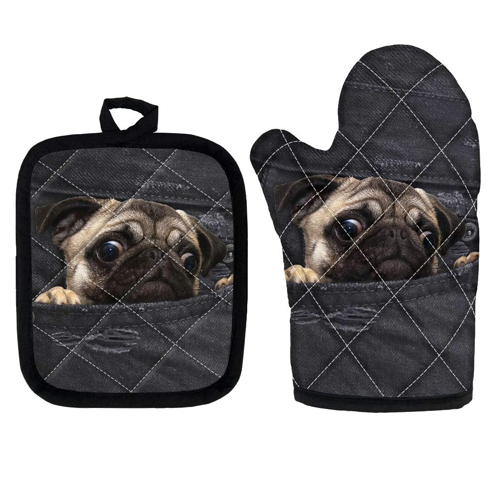 HUGS IDEA Funny Pug Dog Art Print Oven Gloves Kitchen Oven Mitts Heat Resistant Cooking, Baking, Barbecue Potholder, with Heat Resistant Cup Insulation Coaster