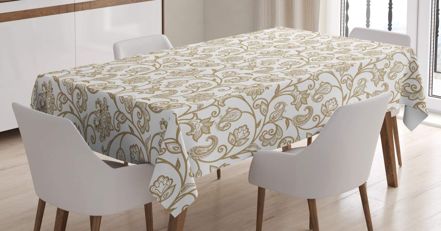 Amazon Com Ambesonne Ethnic Tablecloth Pattern Of Floral Paisley Style Wild Herbs And Oriental Ornaments Dining Room Kitchen Rectangular Table Cover 60 X 84 Dust Camel And White Home Kitchen