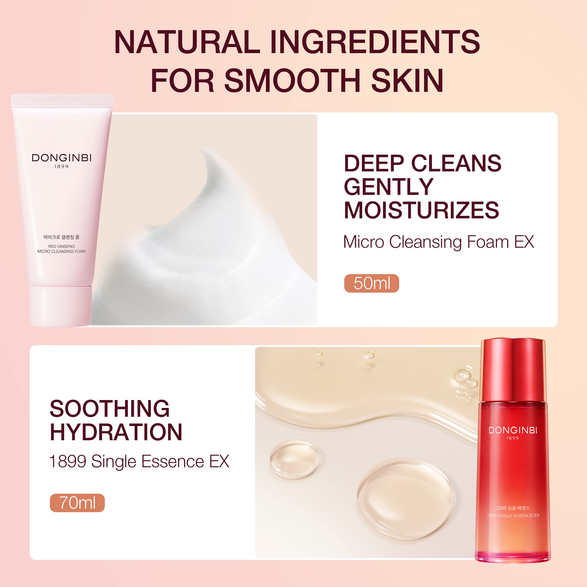 Donginbi Red Ginseng Essential Skin Care Set - Firming Moisturizer(1.69 floz), Hydrating Toner(2.37 floz), Korean Red Ginseng Essence(2.37 floz), Pore Cleaner(1.69 floz), Korean Skin Care